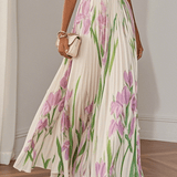 Ingrid | Maxikleid Chiffon mit Blumenmuster plissiert weiß