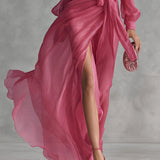 Lea | Langes Kleid aus chiffon elegant mit V-Ausschnitt und Bindetaille