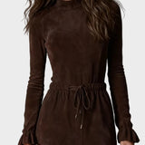 Elegantes Midi-Kleid aus Dunkelbraunem Wildleder mit Schleife