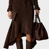 Elegantes Midi-Kleid aus Dunkelbraunem Wildleder mit Schleife