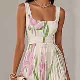 Ingrid | Maxikleid Chiffon mit Blumenmuster plissiert weiß