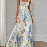 Ingrid | Maxikleid Chiffon mit Blumenmuster plissiert weiß