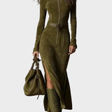 Maxi Vintage Kleid in Grün mit Reißverschluss und Gürtel
